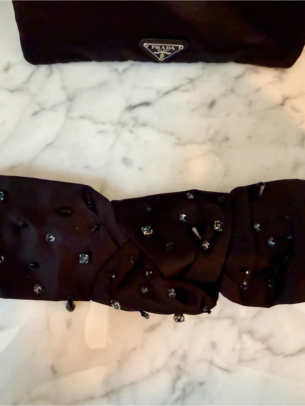 Prada Black Satin Knotted Headband with Crystal Beads and Elastic Back